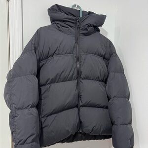 Black Puffer Jacket with Hood and Adjustable Cinch Cord